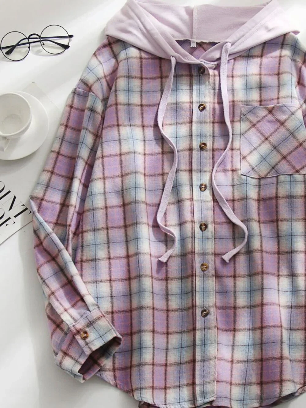 Women's Purple Plaid Hooded Pullover Shirt Casual Long Sleeve Top